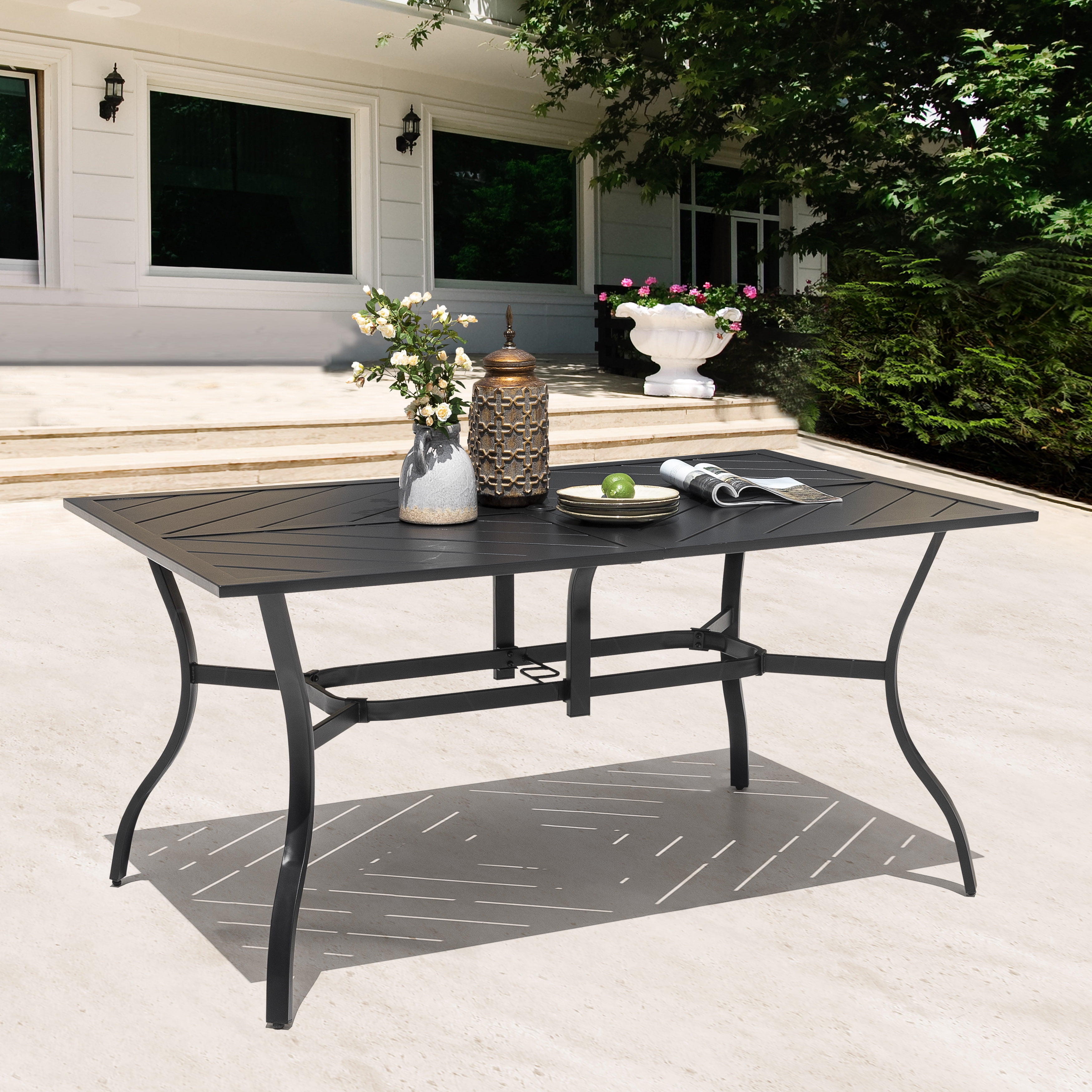 Black Powder-Coated Iron Outdoor Dining Table with Umbrella Hole