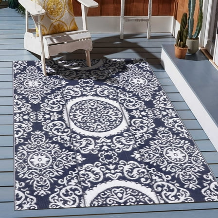 Nuu Garden 5' x 7' Outdoor Rug, Plastic Straw Foldable Area Rug Indoor Outdoor Carpet for Patio Decor Balcony Camping Picnic RV, Blue and White