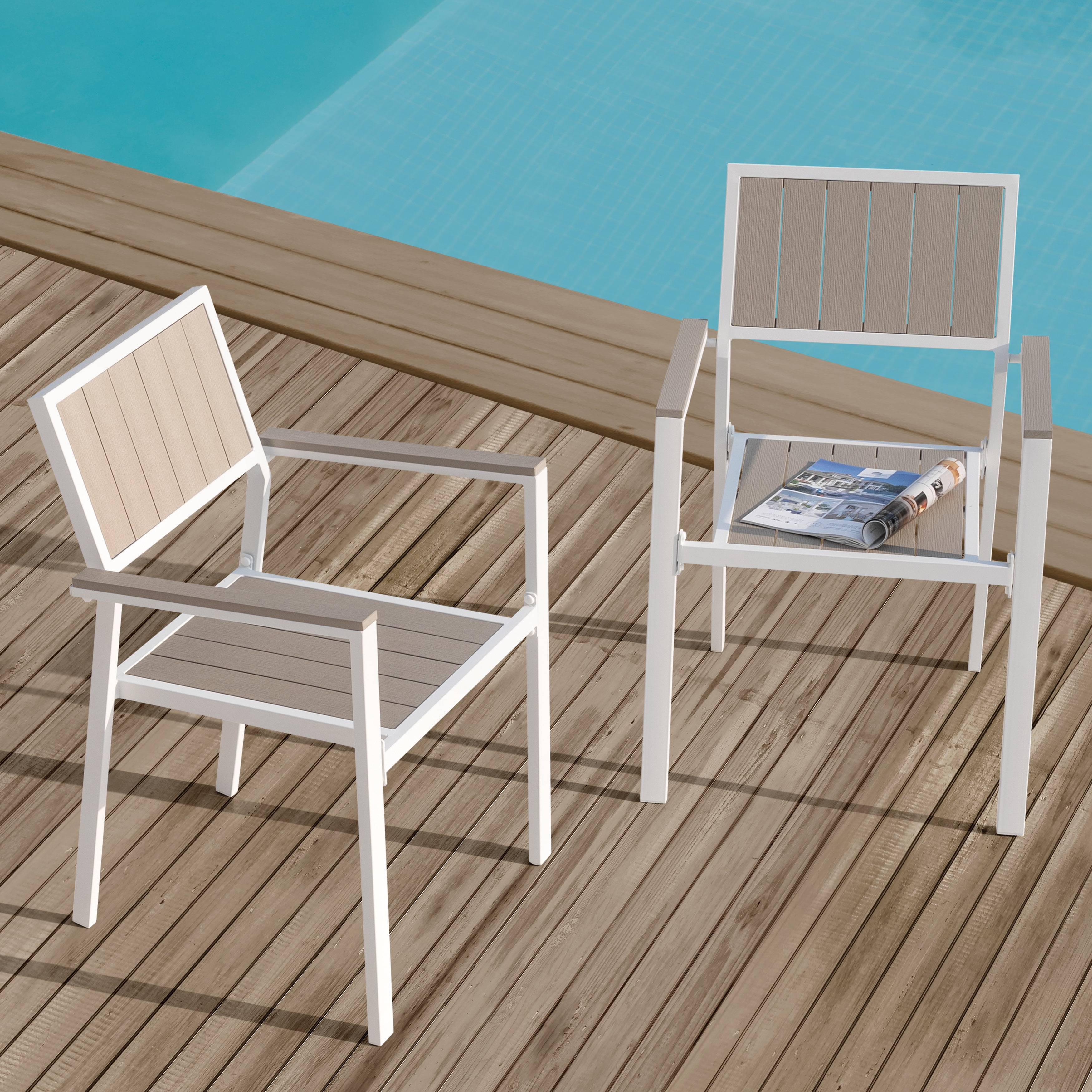Nuu Garden Outdoor Stackable Chairs Lawn Chairs Set of 2 Faux Wood Patio Chairs Weather-Resistant Outdoor Dining Chairs for Outside Porch Backyard Deck Balcony, Light Brown