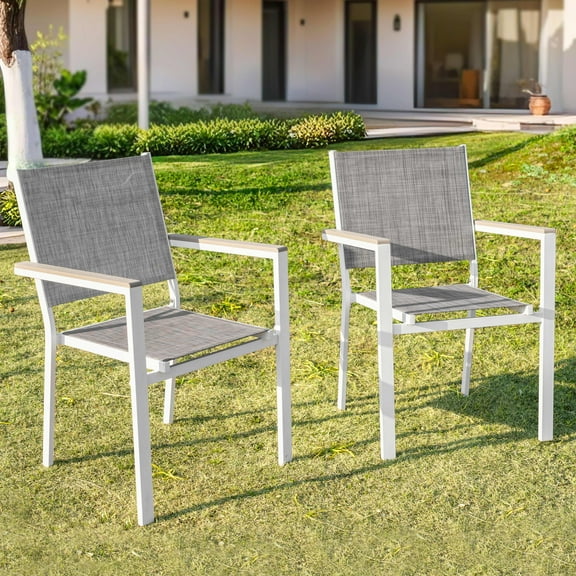 Nuu Garden Outdoor Stackable Chairs Lawn Chairs Set of 2, Textilene Patio Chairs with Anti-Scald Faux Wood Armrests, Weather-Resistant Metal Dining Chairs, Gray
