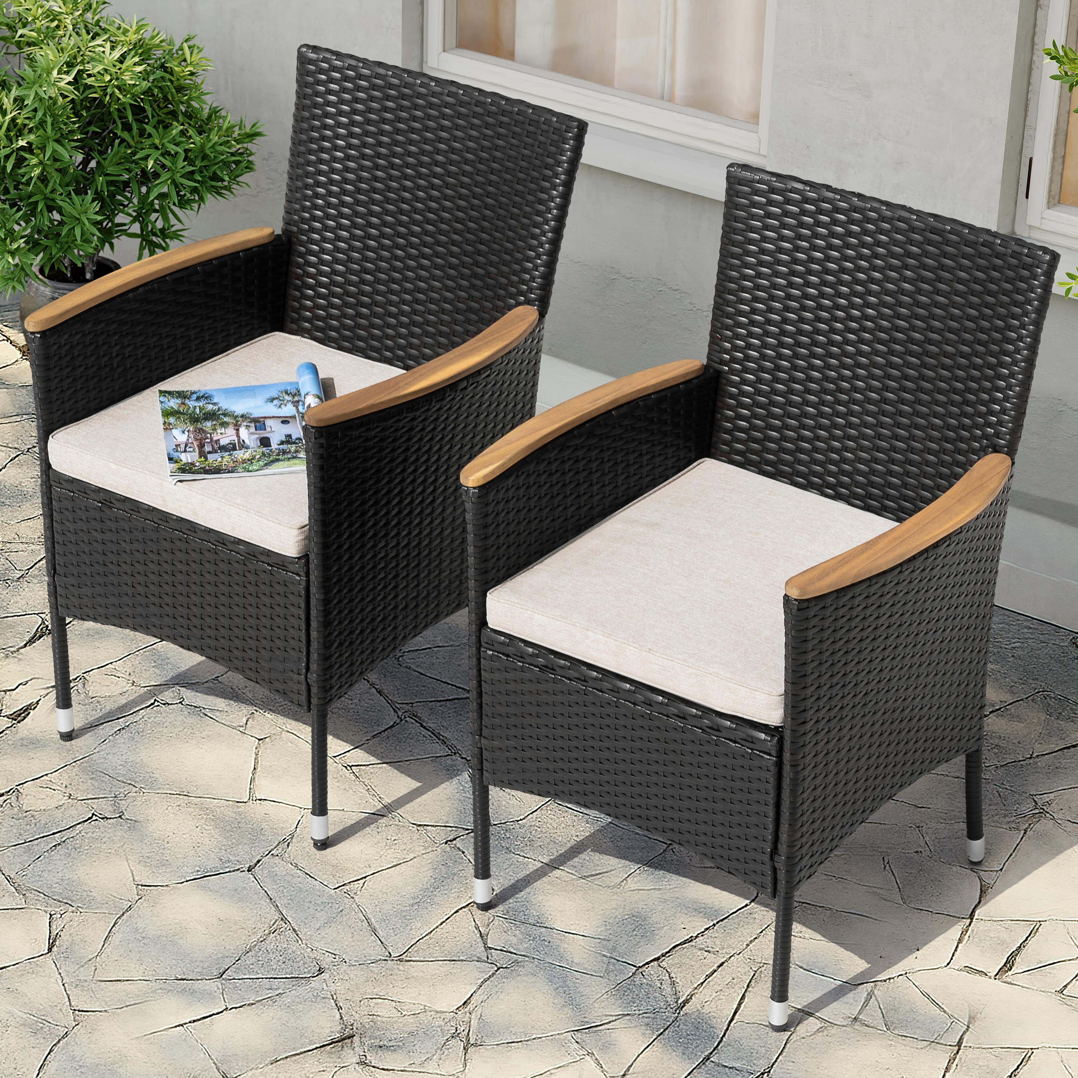 Nuu Garden Patio Chairs Set of 2, Outdoor Dining Chairs with Handwoven Wicker and Acacia Wood Armrests, All Weather Dining Chairs with Cushions for Outside, Black and Beige