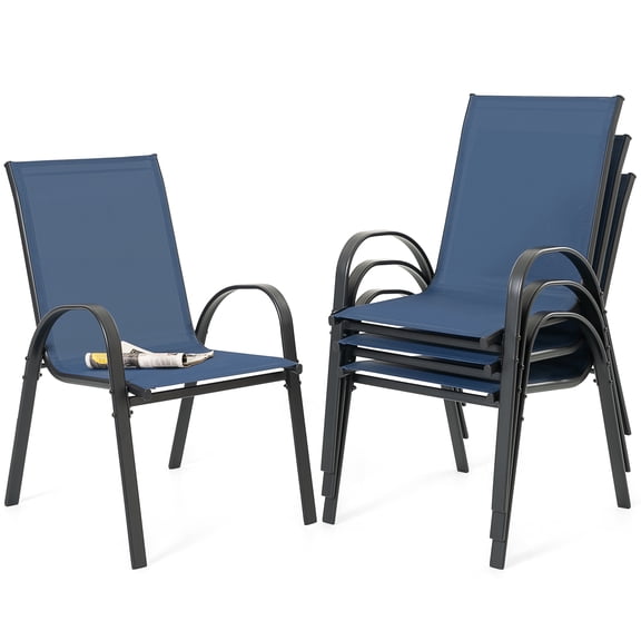 Nuu Garden Patio Chairs Set of 4, Outdoor Stackable Dining Chairs for All Weather, Breathable Textilene Outdoor Chair Set with Armrests for Backyard Porch Poolside Garden, Blue and Black