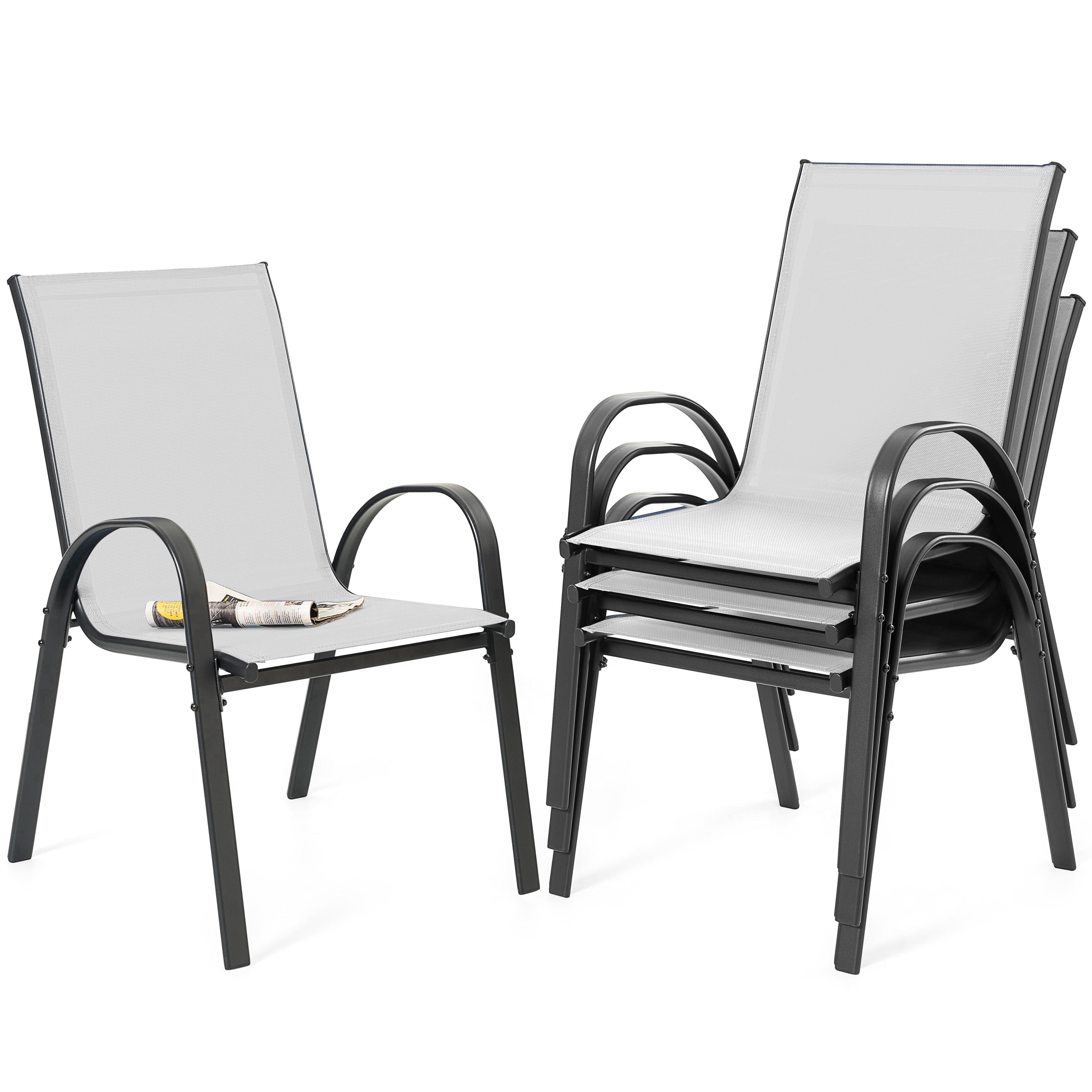 Nuu Garden Patio Chairs Set of 4, Outdoor Stackable Dining Chairs for All Weather, High-Density Textilene Outdoor Chair Set with Armrests for Backyard Porch Poolside Garden, Gray and Black