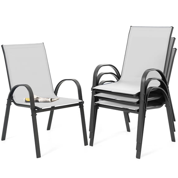 Nuu Garden Patio Chairs Set of 4, Outdoor Stackable Dining Chairs for All Weather, High-Density Textilene Outdoor Chair Set with Armrests for Backyard Porch Poolside Garden, Gray and Black