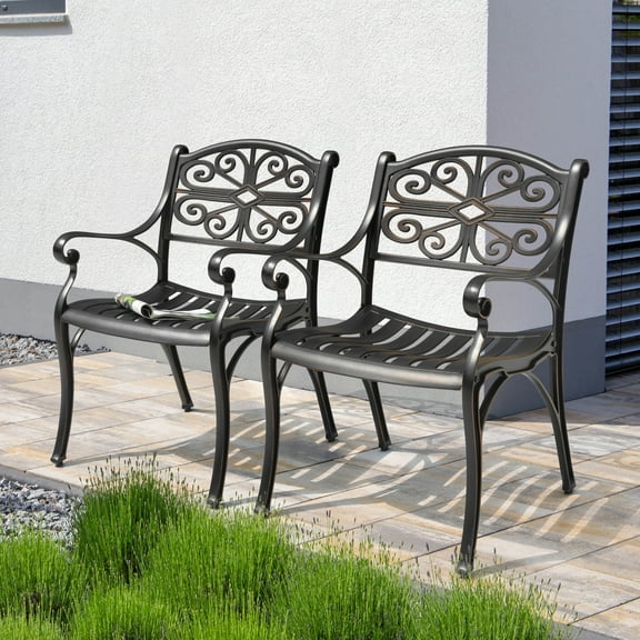 Nuu Garden Patio Dining Chairs with Armrests, Weather Resistant Cast Aluminum Bistro Chairs of 2, Outdoor Chairs for Garden Lawn Porch Backyard Pool, Black