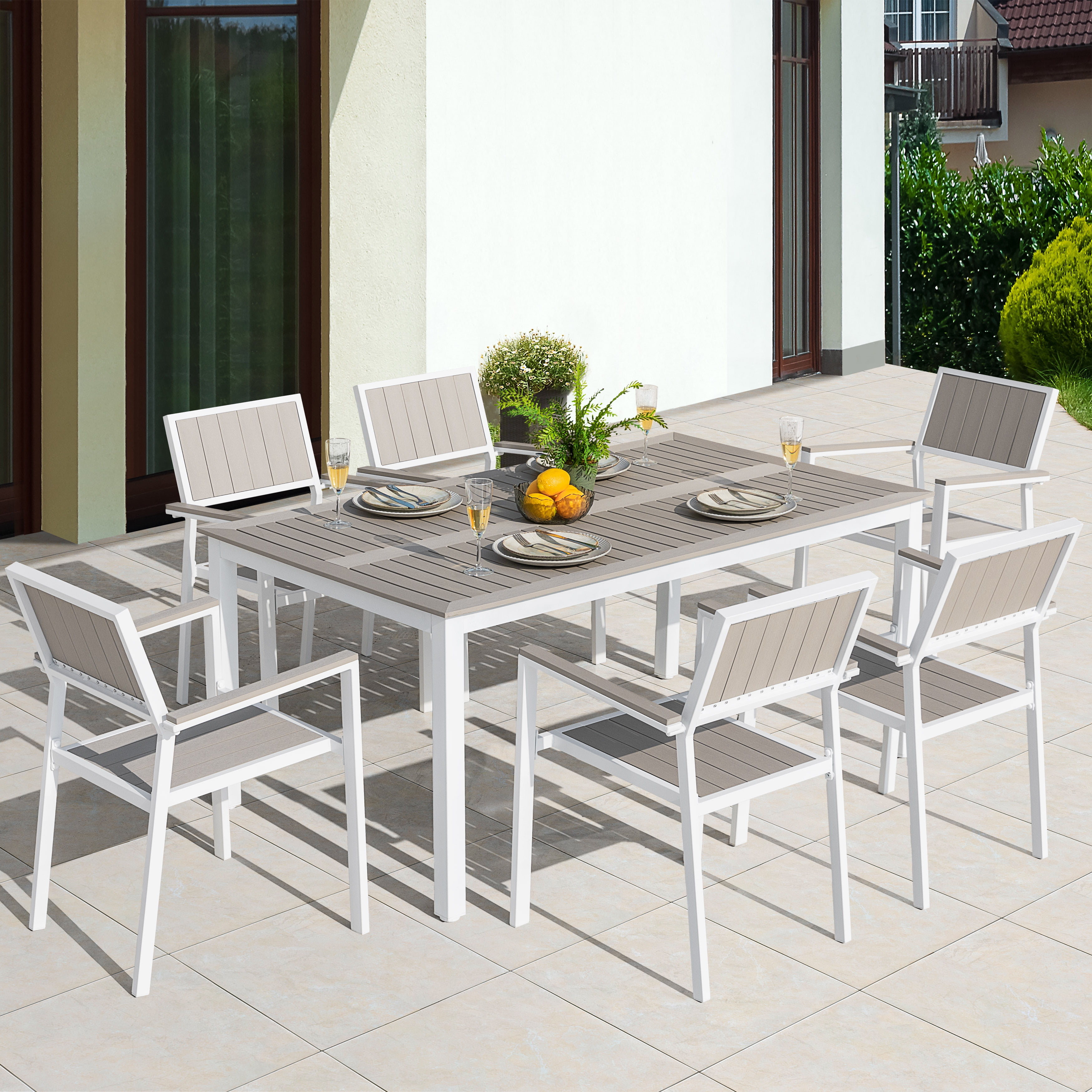 faux wood dining set patio umbrella Foristern Wooden Outdoor with Hole for 8 People, 8 static weight capacity to effortlessly hold your favorite dishes while the 12 gauge aluminum patio chairs stack up to 15 high for storage or cleaning Nuu Garden Patio Dining Set