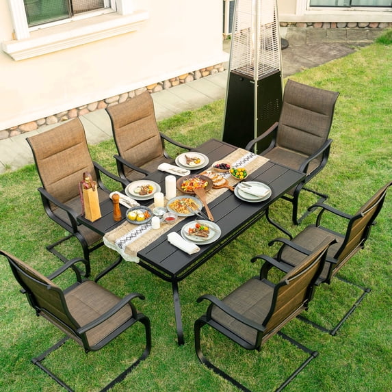 Nuu Garden Patio Dining Set 7 Pieces Outdoor Dining Set for 6 Patio Textilene Chairs with C-Shape Leg, Dining Table with 1.57" Umbrella Hole for Lawn Garden Deck, Brown