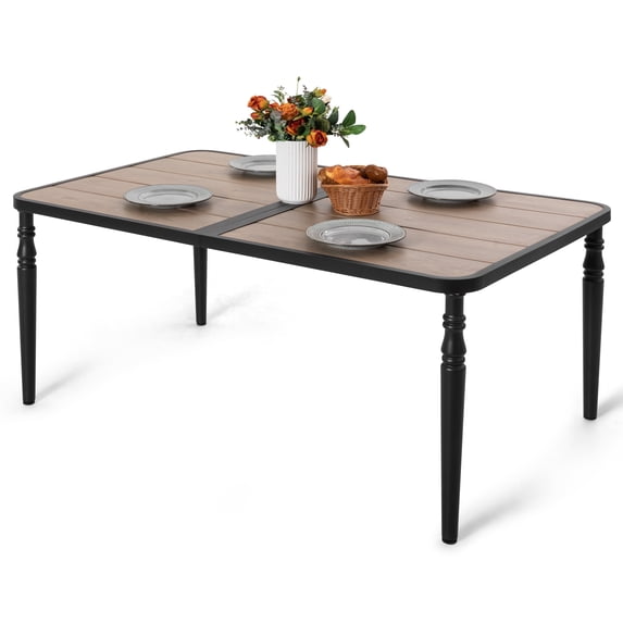Nuu Garden Patio Dining Table for 6, 61” x 37” Large Rectangle Metal Dining Table with Wood-Grain Tabletop, Outdoor Dining Table with 1.6” Umbrella Hole for Backyard, Lawn, Garden, Black