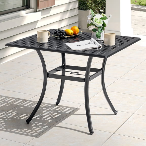Nuu Garden Square Cast Aluminum Outdoor Dining Table for 4, 35'' Outdoor Table with Umbrella Hole, Mesh Tabletop and Adjustable Levelers, All-Weather Outdoor Furniture, Black