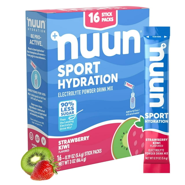 Nuun Sport Electrolyte Powder Packets - Strawberry Kiwi Flavor | 5 Essential Electrolytes for Hydration | Easy Open Drink Mix with Magnesium | 1g Sugar | Non GMO, Vegan | 16 Single Serving Sticks