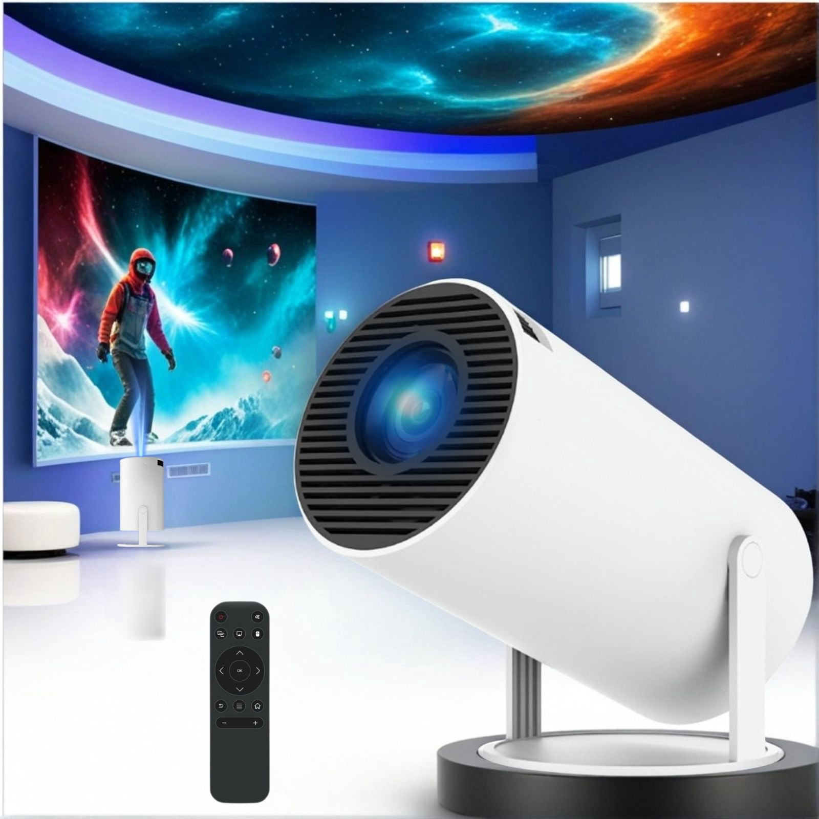 Nuvabeam Home Cinema Projector,  Nuva Beam 180° Rotating Mini Projector with Android 11, WiFi 6 & Bluetooth 5.0, Auto Keystone Correction, for Movies, Streaming, Outdoor & Bedroom Ceiling Projection
