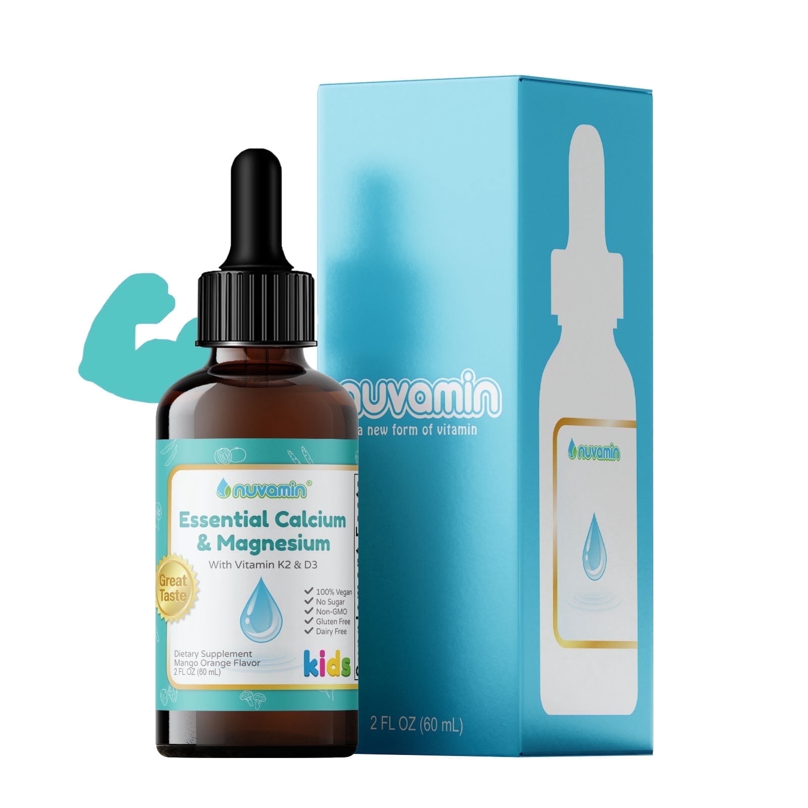 Nuvamin – Liquid Calcium & Magnesium Drops for Baby, Toddlers, Kids, & Adults, 2Fl.Oz (60ml), 30 Daily Servings. Great Taste - All Natural - Vegan - Superior Absorption, Mango Orange Flavor