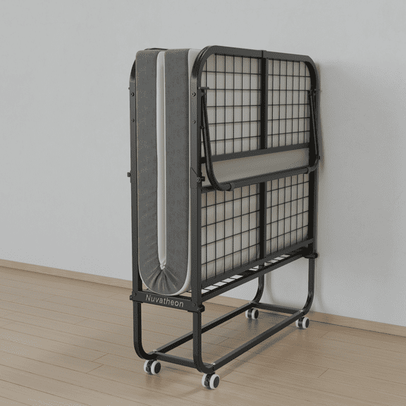 Nuvatheon Folding Bed on Wheels, Foldable Frame with Mattress, Space-Saving Guest Bed for Bedroom, Office