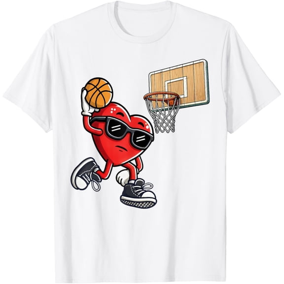 Nuvello Cute Heart Playing Basketball Valentines Day Basketball Boys T-Shirt Full Size S-5XL