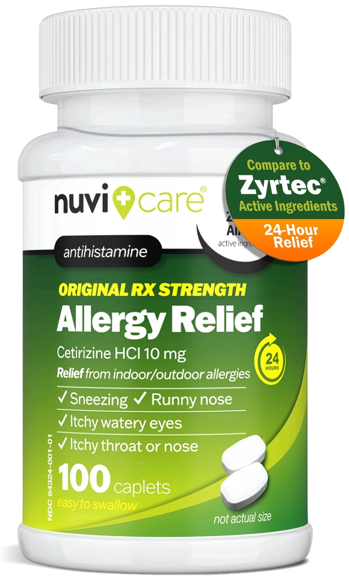 Nuvicare 24-Hour Allergy Medicine - Cetirizine Hydrochloride 10mg Tablets - Compare to the Active Ingredient in Zyrtec Antihistamine Meds - Generic Allergy Pills for All Day Allergy Relief 100 Count