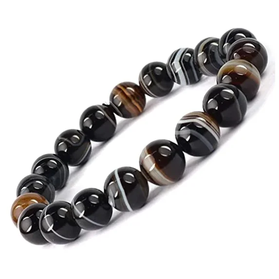 Nuvin Black Sulemani Hakik / Banded Agate Onyx Bracelet Natural Crystal Healing Bracelet Gemstone Jewellery Beaded Stone Bracelet for Men & Women