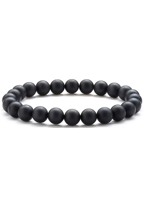 Nuvin Natural Round Beads Black Matte Agate Crystal Stone Bracelet Reiki Chakra Yoga Meditation Semi Precious Gemstones Stretchable Bracelet for Unisex