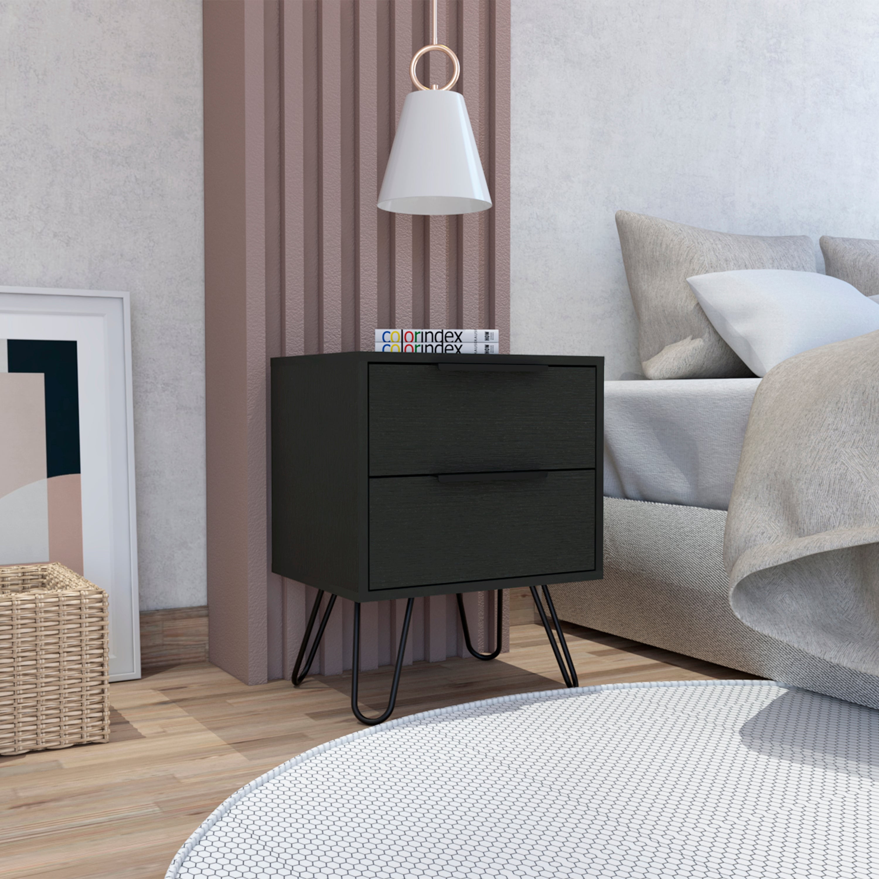 Nuvo Black 2-Drawer Nightstand with Hairpin Legs