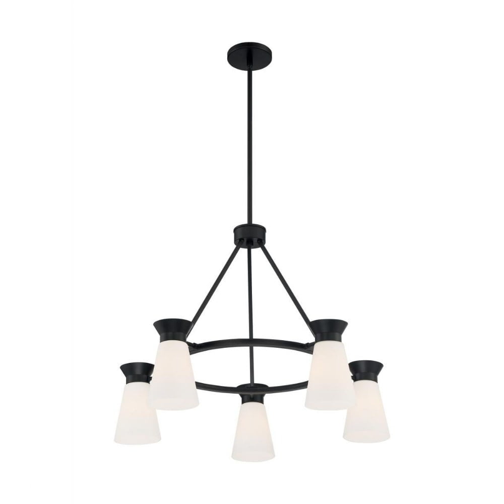 Caleta Mid Century Modern Black 5-Light Chandelier with Frosted White Glass