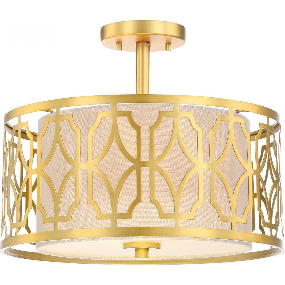 Natural Brass and Beige Linen Drum Semi-Flush Mount Light