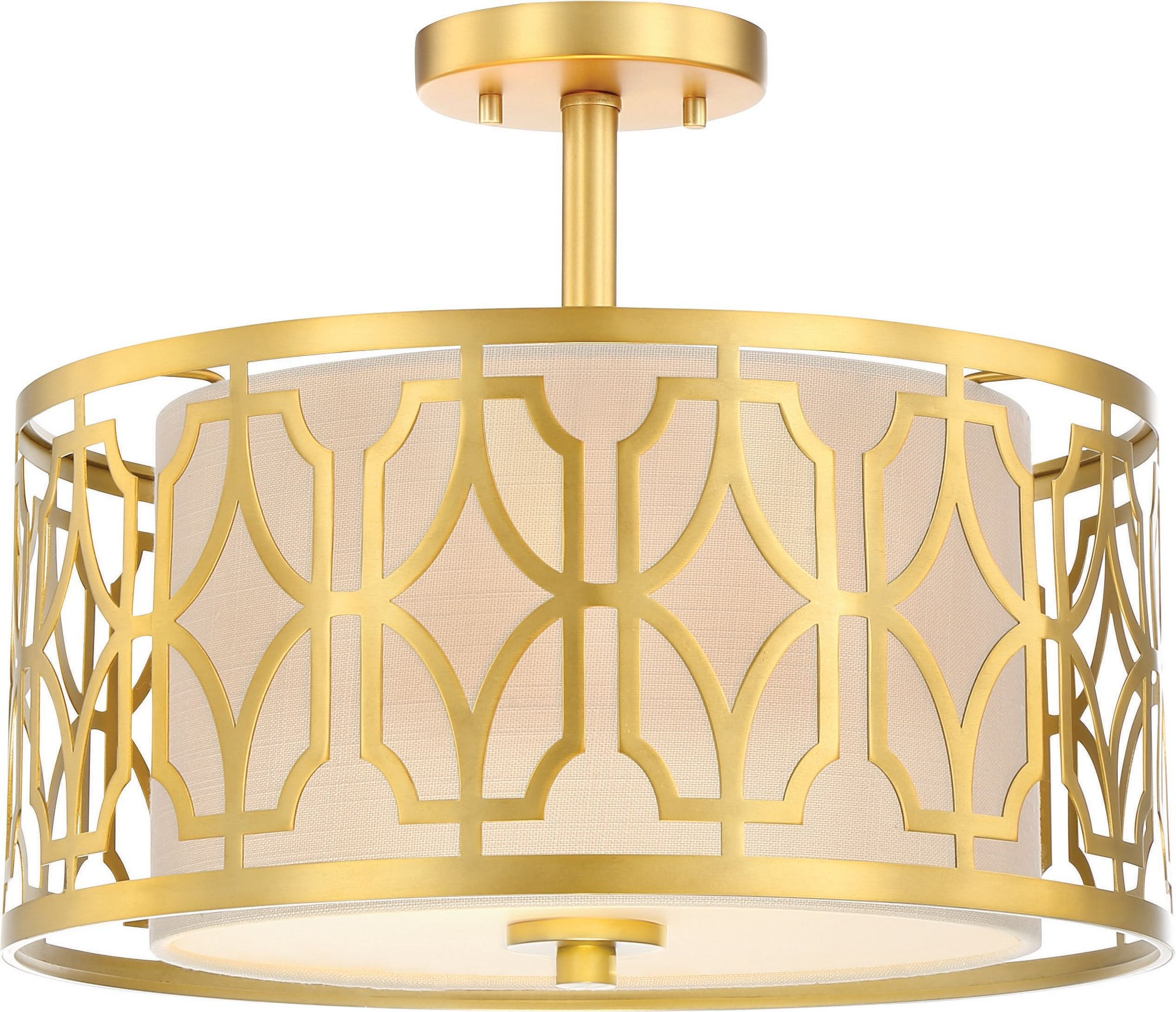Natural Brass and Beige Linen Drum Semi-Flush Mount Light