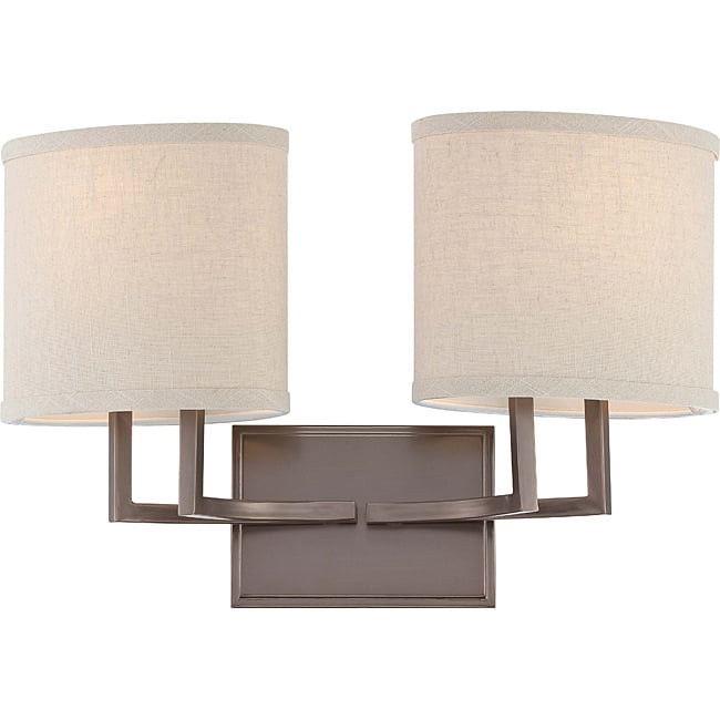 Gemini Hazel Bronze Vanity Light with Oval Khaki Fabric Shades