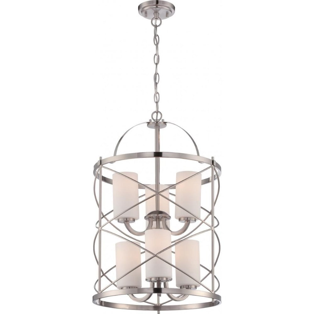 Brushed Nickel 6-Light Cage Chandelier with Opal Shades