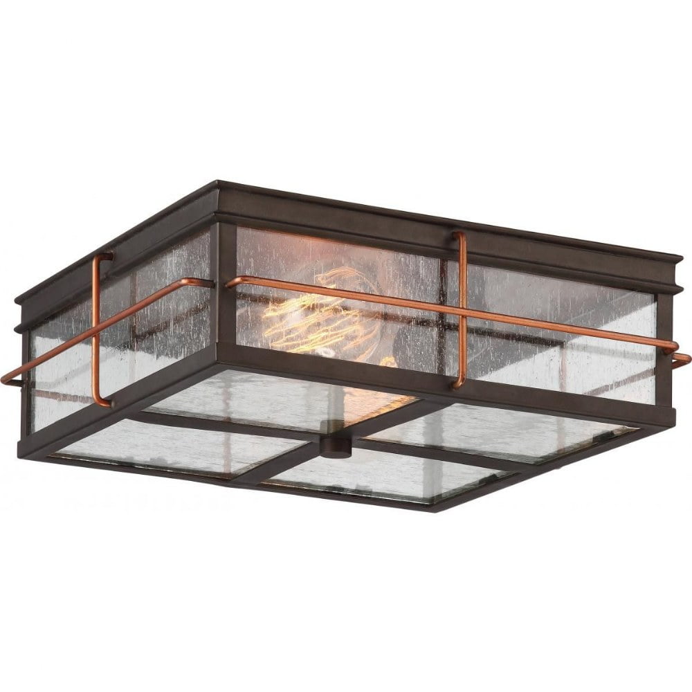 Bronze and Copper 2-Light Outdoor Flush Mount with Glass Panels