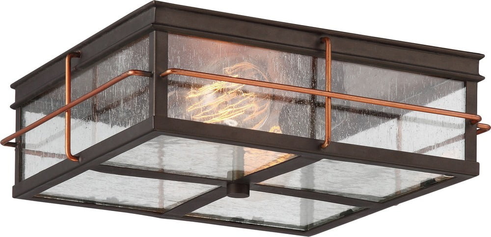 Bronze and Copper 2-Light Outdoor Flush Mount with Glass Panels
