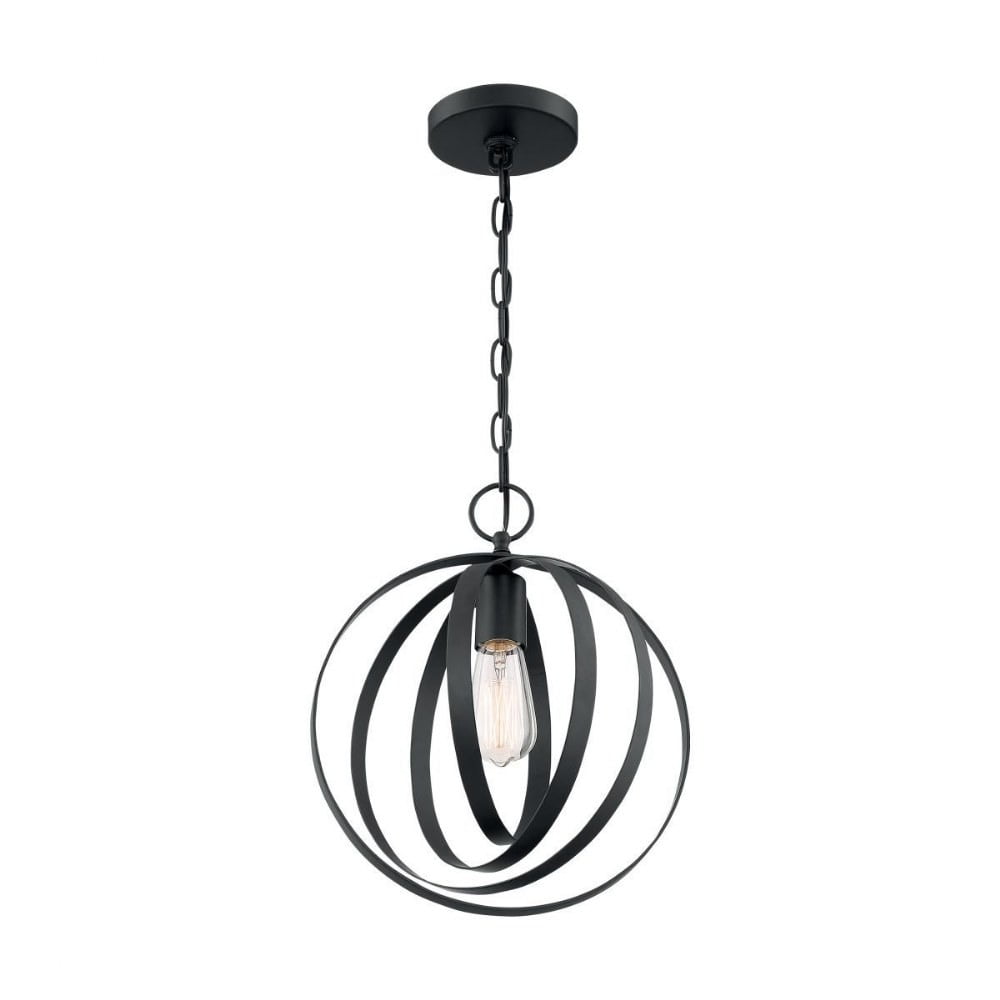 Pendleton 12" Matte Black Nickel-Banded Globe Pendant Light