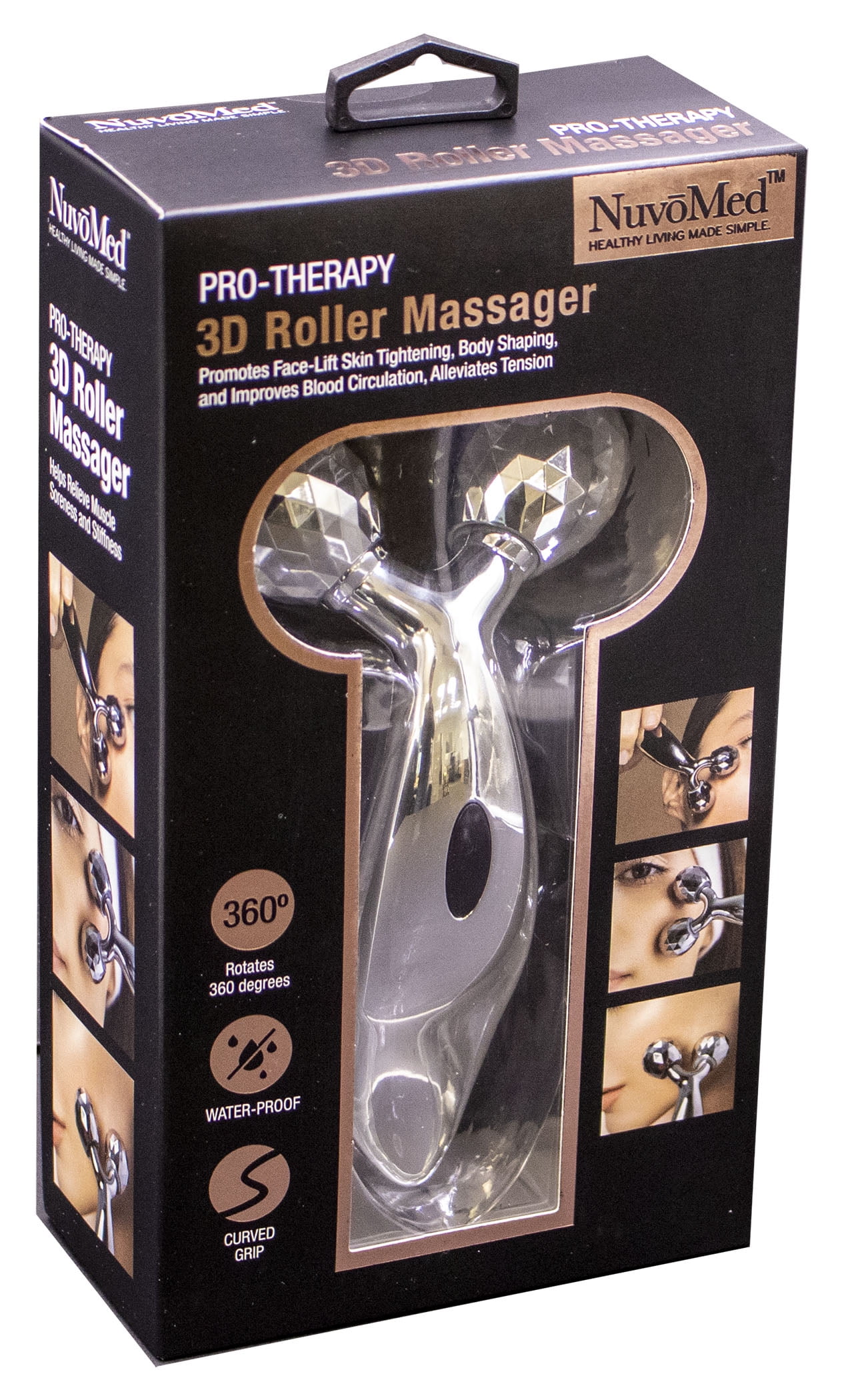 NuvoMed Pro-Therapy 3D Roller Massager, Rotates 360 Degrees, Water-Proof, Curved Grip, for Anti Aging, Firm Skin, V-Shaped Face Lift, Kneading, Body Slimming (Silver)