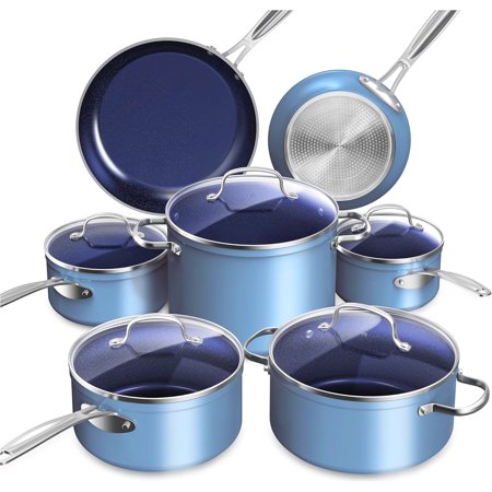 Nuwave 12pc Nonstick Cookware Set, Healthy Duralon Blue Ceramic Pots and Pans Set Nonstick, Lightweight Cookware Set Works on All Cooktops, Blue