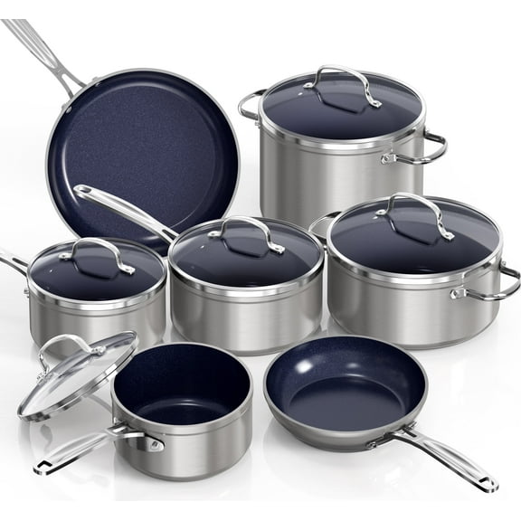 Nuwave 12pcs Non-Stick Cookware Set, Healthy Duralon Blue Ceramic Nonstick Pots and Pans Set , Lightweight Cookware Set works on All Cooktops, Tempered Glass Lids & Stay-Cool Handles, Metallic Tinsel