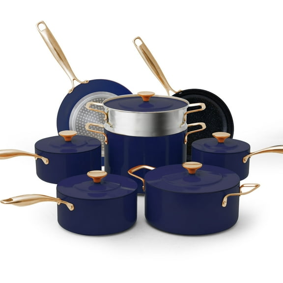 Nuwave 13pc Healthy Duralon Blue Luxury Edition Cookware Set, Diamond Infused Nonstick Ceramic Coating, Dishwasher & Oven Safe, Tempered Glass Lids & Stay-Cool Handles, Blueberry