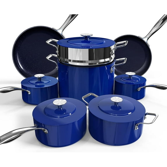 Nuwave 13pc Lux Pots and Pans Set, Healthy G10 Duralon Ceramic Coating Forged Lightweight Ultra Nonstick Cookware Set, Stay-Cool Handles, Works on All Cooktops & Oven, Blueberry