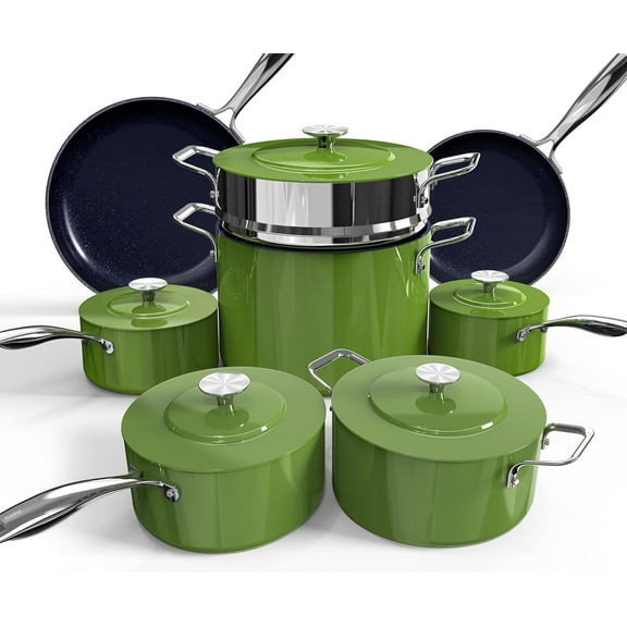 Nuwave 13pc Lux Pots and Pans Set Ultra Nonstick, Healthy G10 Duralon Ceramic Coating Forged Lightweight Cookware Set, Stay-Cool Handles, Works on All Cooktops & Oven, Avocado