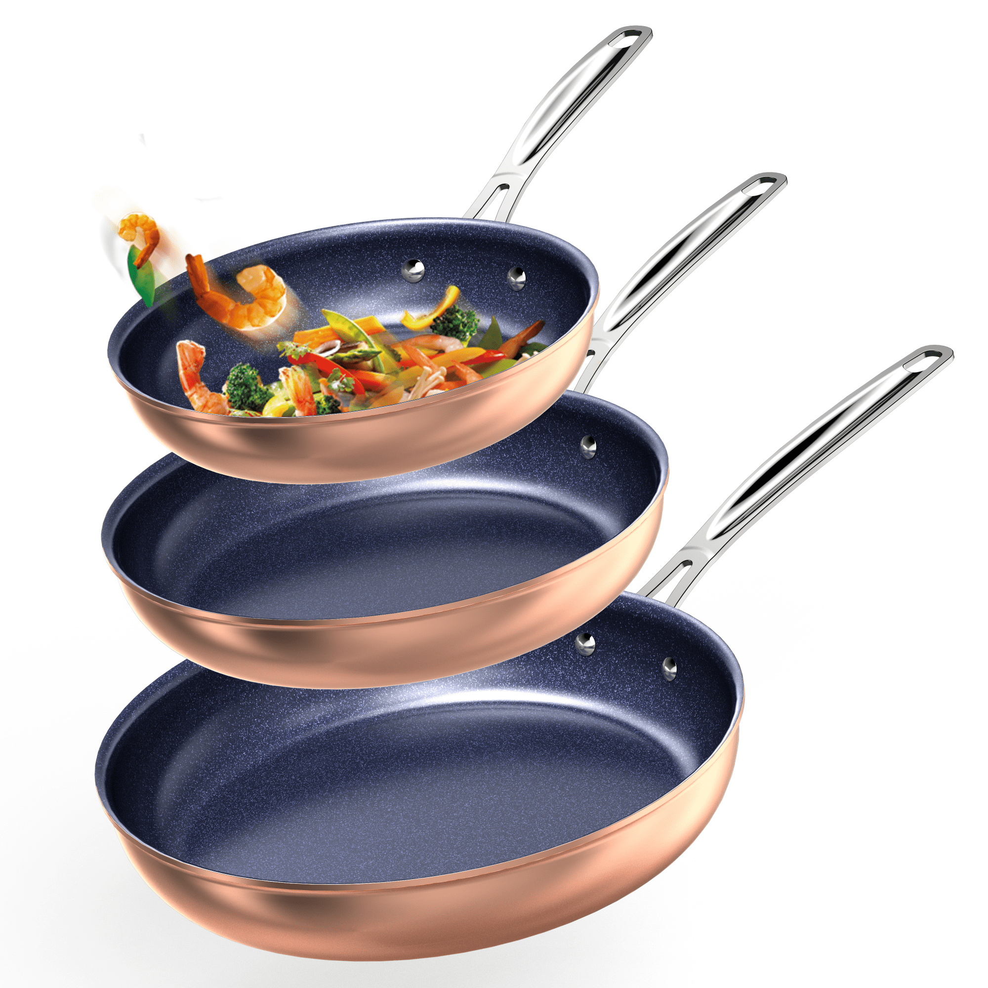 Nuwave 3pc Non Stick Frying Pan Skillet Set, G10 Healthy Duralon Blue 8”, 10”, 12”