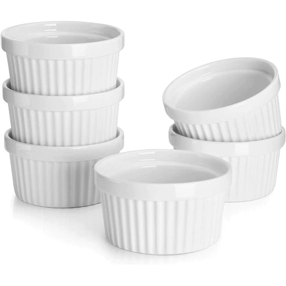 Nuwave 6 pc Ceramic Ramekins 8 oz Oven Safe for Creme Brulee Porcelain Ramekins, Classic Style Ramekins Bowls, Ivory White, Baking, Cakes, French