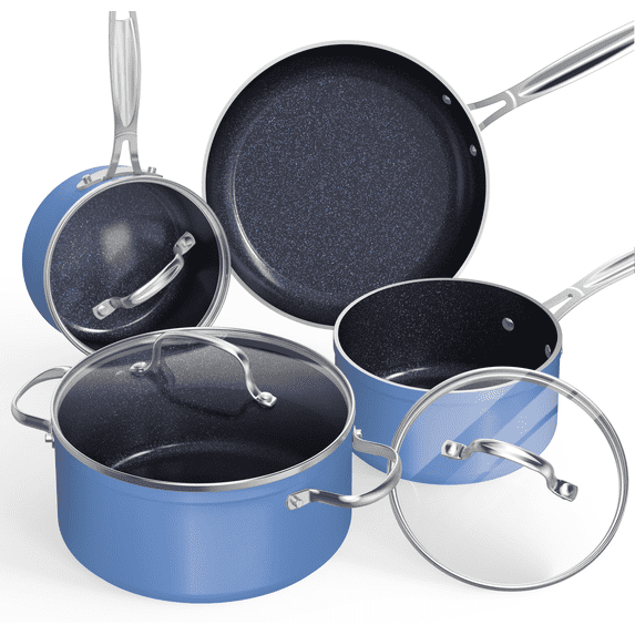 Nuwave 7pc Non Stick Cookware Set, G10 Healthy Duralon Blue Glass Lid with Pots, Pans & Works on All Cooktops, Cozy Blue