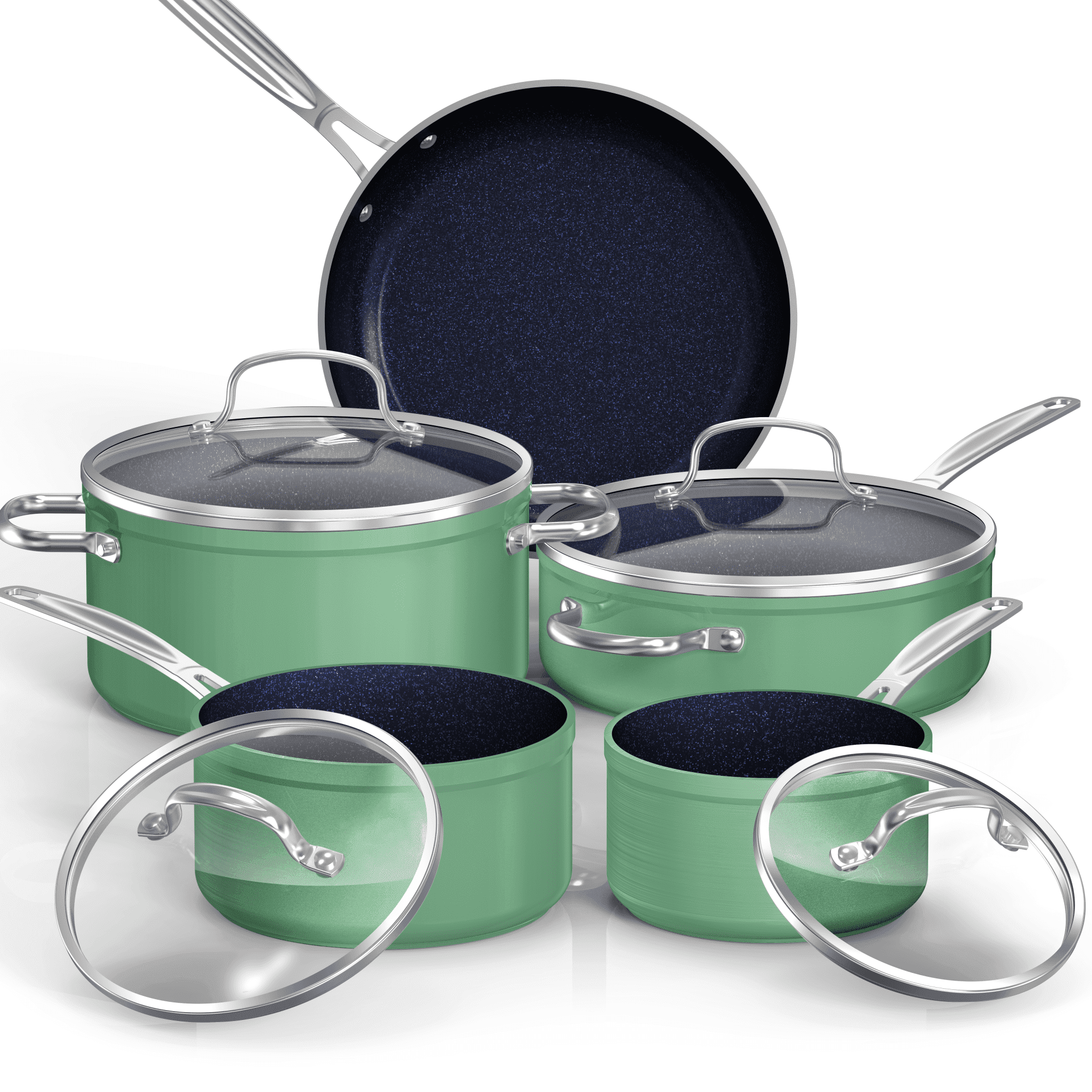 Nuwave 9PC Nonstick Cookware Set Healthy Duralon Blue Ceramic, Forged Pots and Pans Set with Tempered Glass Lids- Rosemary Green