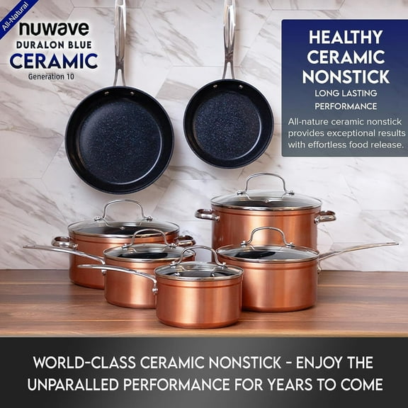 Nuwave Healthy Duralon Blue Ceramic Nonstick Cookware Set, Diamond Infused Scratch-Resistant, Dishwasher & Oven Safe, Induction Ready & Evenly Heats,Tempered Glass Lids & Stay-Cool Handles