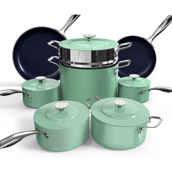Nuwave Lux Pots and Pans Set Ultra Nonstick, Healthy G10 Duralon Ceramic Coating 13pc Forged Lightweight Cookware Set, Stay-Cool Handles, Works on All Cooktops & Oven, Mint Green
