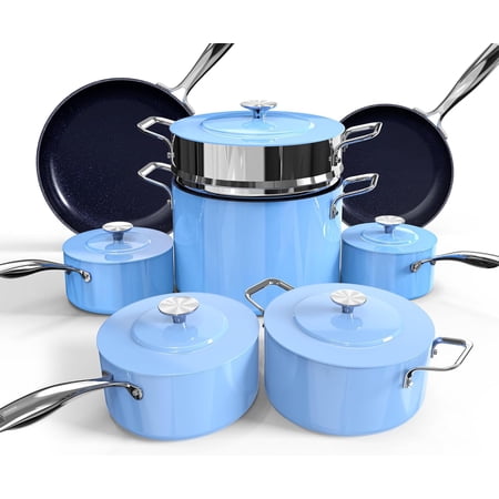 Nuwave Lux Pots and Pans Set Ultra Nonstick, Healthy G10 Duralon Ceramic Coating 13pc Forged Lightweight Cookware Set, Stay-Cool Handles, Works on All Cooktops & Oven, Poppy Blue