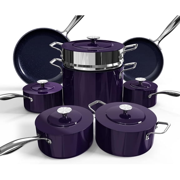 Nuwave Lux Pots and Pans Set Ultra Nonstick, Healthy G10 Duralon Ceramic Coating 13pc Forged Lightweight Cookware Set, Stay-Cool Handles, Works on All Cooktops & Oven, Eggplant