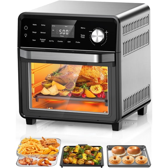 Nuwave Smart Air Fryer Oven with POWERPORT Plug-In Grill for Dual-Zone Efficient Cook, 100 in 1 Advanced Convection Toaster Oven Countertop w/Insulated 2-Glass Door, 550F Preheat, Stainless Steel