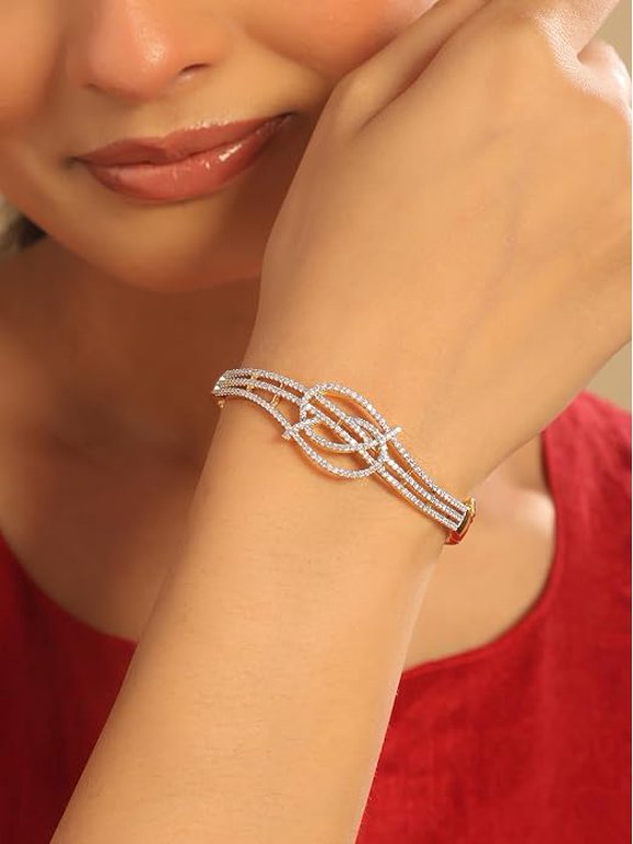 American Diamond Bracelet for Women | 22K Gold Plated CZ Link Chain Kada Bangle | Adjustable Openable Bracelet | Wedding Party Festive Jewellery for Women & Girls | 1 Year Warranty