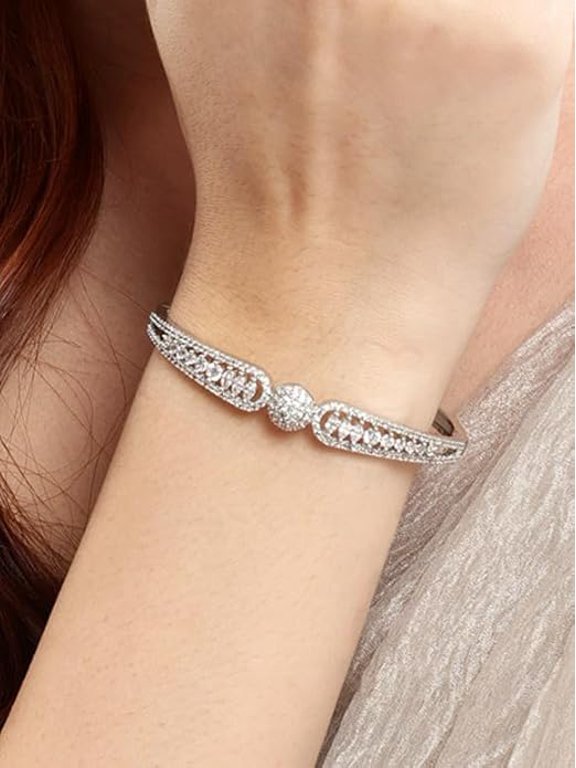 American Diamond Bracelet for Women | Rhodium Plated CZ Diamond Adjustable Openable Kada Bangle | Wedding Party Festive Fashion Jewellery | Gift for Wife Girlfriend & Girls | 1 Year Warranty