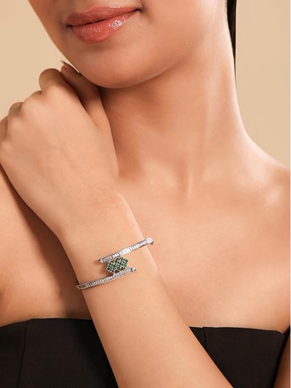 American Diamond CZ Bracelet for Women | Rhodium Plated Bangle | Openable Adjustable Kada Cuff | Wedding Party Stylish Fashion Jewellery | Birthday Gift for Women & Girls | 1 Year Warranty