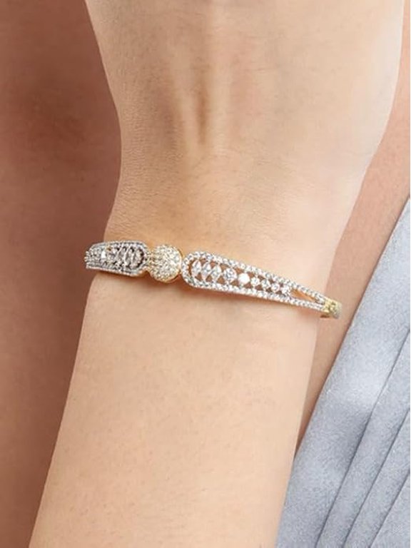 American Diamond Gold Plated Bracelet for Women & Girls | Adjustable Openable Kada Cuff Bangle | CZ Diamond Bangle for Party Wedding | Fashion Jewellery Gift | Size 2.4 | 1 Year Warranty