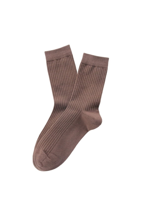 1 Pair Solid Color Breathable Cotton Ribbed Elastic Middle Tube Crew Socks Coffee